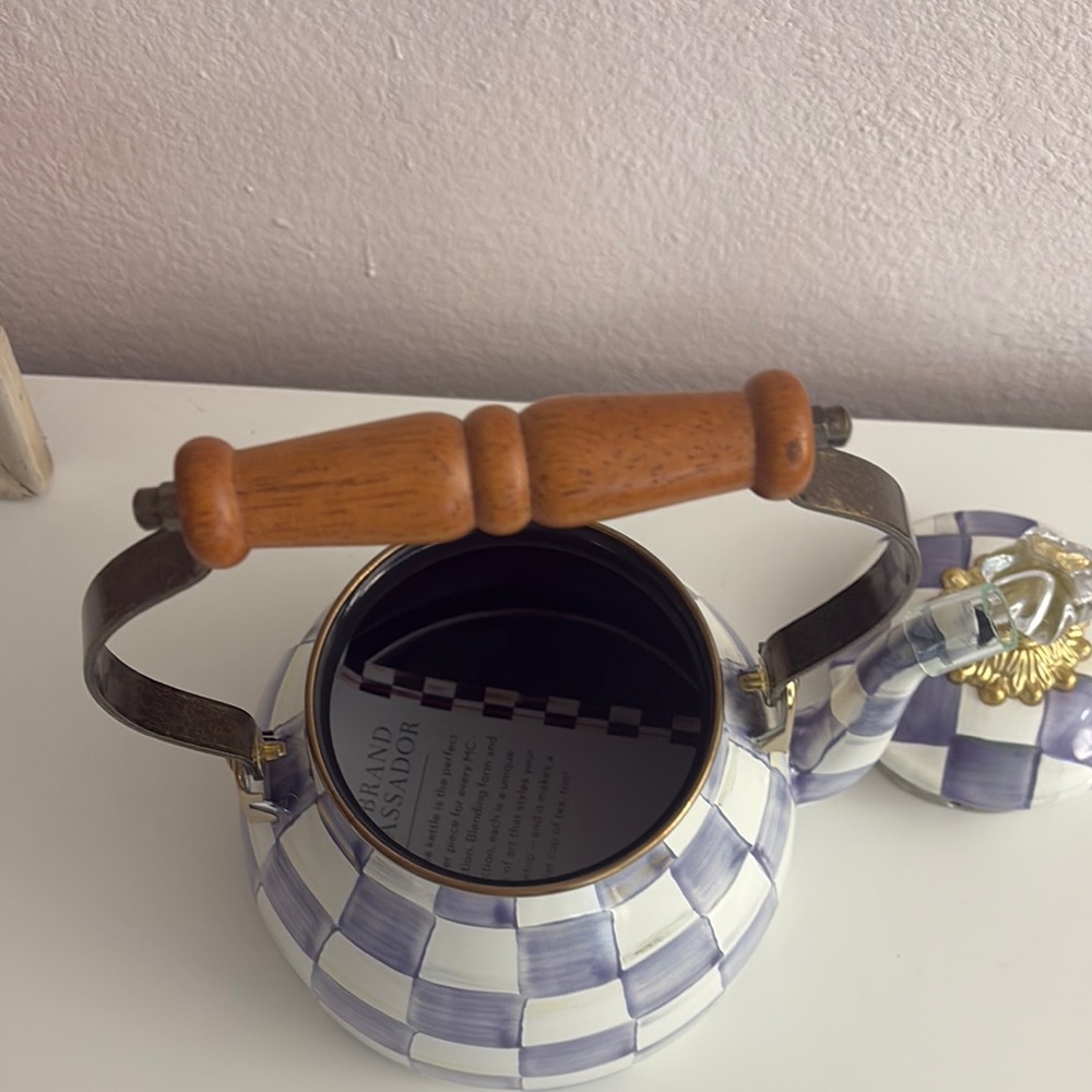 Mackenzie-Childs Hand-Painted Checkered Ceramic Teapot - Violet & White - Picture 7 of 11